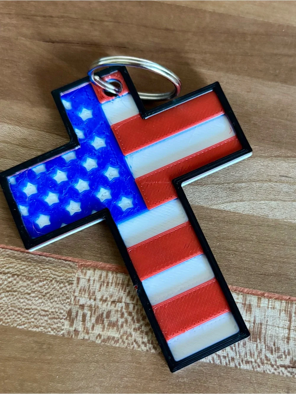American Flag Cross Keychain – Patriotic Red, White & Blue Accent